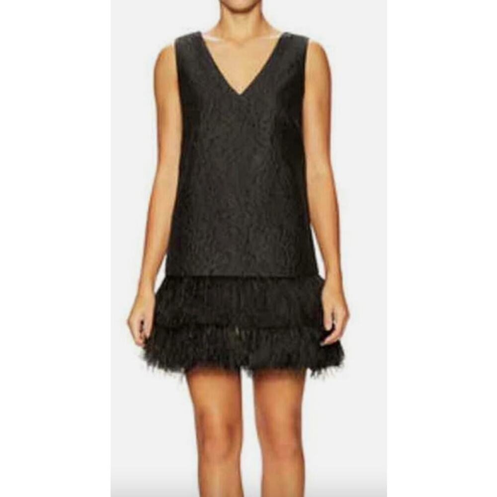 BCBGMAXAZRIA Jamysen Feather Trim Brocade Dress Black Size 2 V Neck
